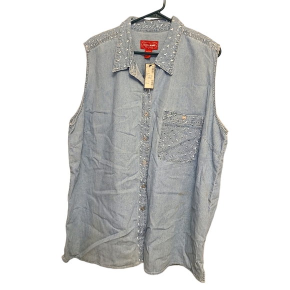Venezia Jeans Shirt Vest Sz 22/24 Blue Sleeveless Chambray Denim Embroidered - Picture 2 of 5